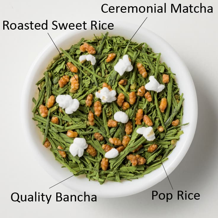 An annotated bowl of genmaicha. It is made from ceremonial matcha, roasted sweet rice, popped rice, and quality bancha.